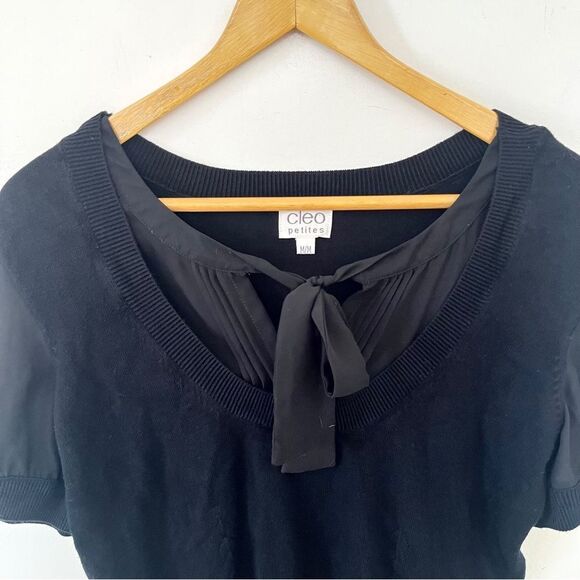 Cleo Petites Black Short Sleeve Round Neck Tie Detail Blouse - Picture 3 of 5